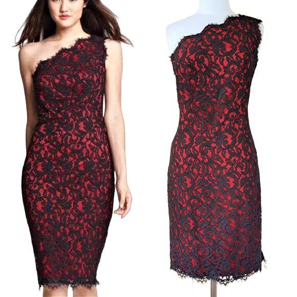 TADASHI SHOJI One Shoulder Lace Sheath Cocktail Dress Black Red Size 8 - Picture 1 of 12
